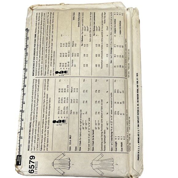 Simplicity 6579 Connoisseur Collection Sewing Pattern Misses' Cloak Coat Size 10 - Picture 3 of 3